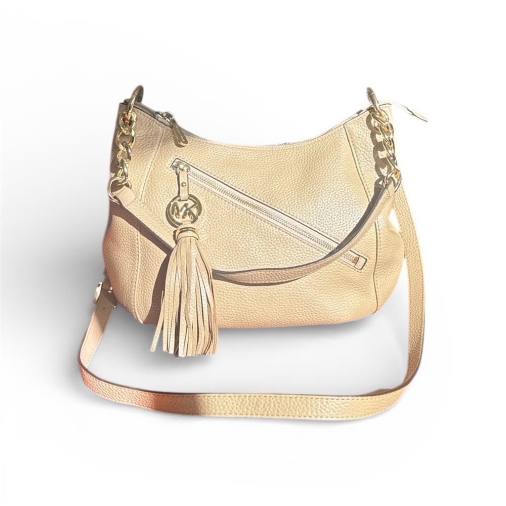Michael Kors Beige Pebbled Leather Shoulder Bag with Gold Accents